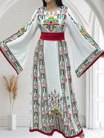 Load image into Gallery viewer, Palestine Flage Embroidery White Traditional Thoub  Stone Thobe with Matching Belt
