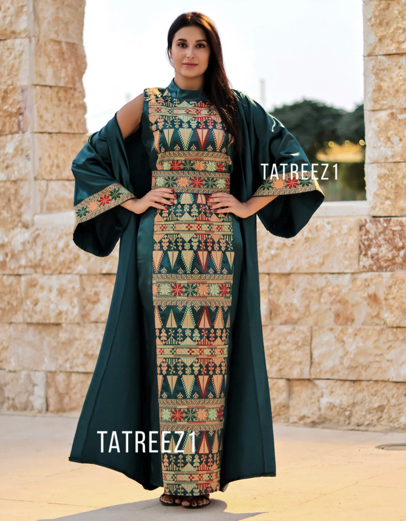 Green 3 pieces  Embroidery Bisht tatreez With Matching Dress