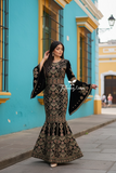 Black Luxury Mermaid Gold Embroidery Velvet Thoub