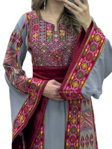 Gray Thobe Embroidered Palestinian With Embroidery Belt