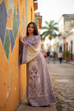 Load image into Gallery viewer, Absolutely Stunning Purple Embroidered Palestinian Fellahi Thobe With Matching Headpiece
