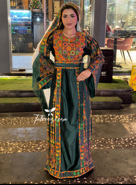 Silk Light Velvet Traditional Embroidered Green Dress With Matching He Tatreez1 Silk Light Velvet Traditional Embroidered Green Dress With Matching He Tatreez1