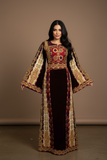 Qasab Maroon Malacca Silk Velvet Thoub with Embroidery and Overskirt