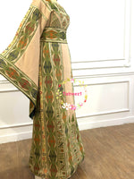 Load image into Gallery viewer, Green Embroidery Traditional Palestinian Beige Thobe Machine Made with Matching Head Scarf
