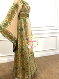Green Embroidery Traditional Palestinian Beige Thobe Machine Made with Matching Head Scarf
