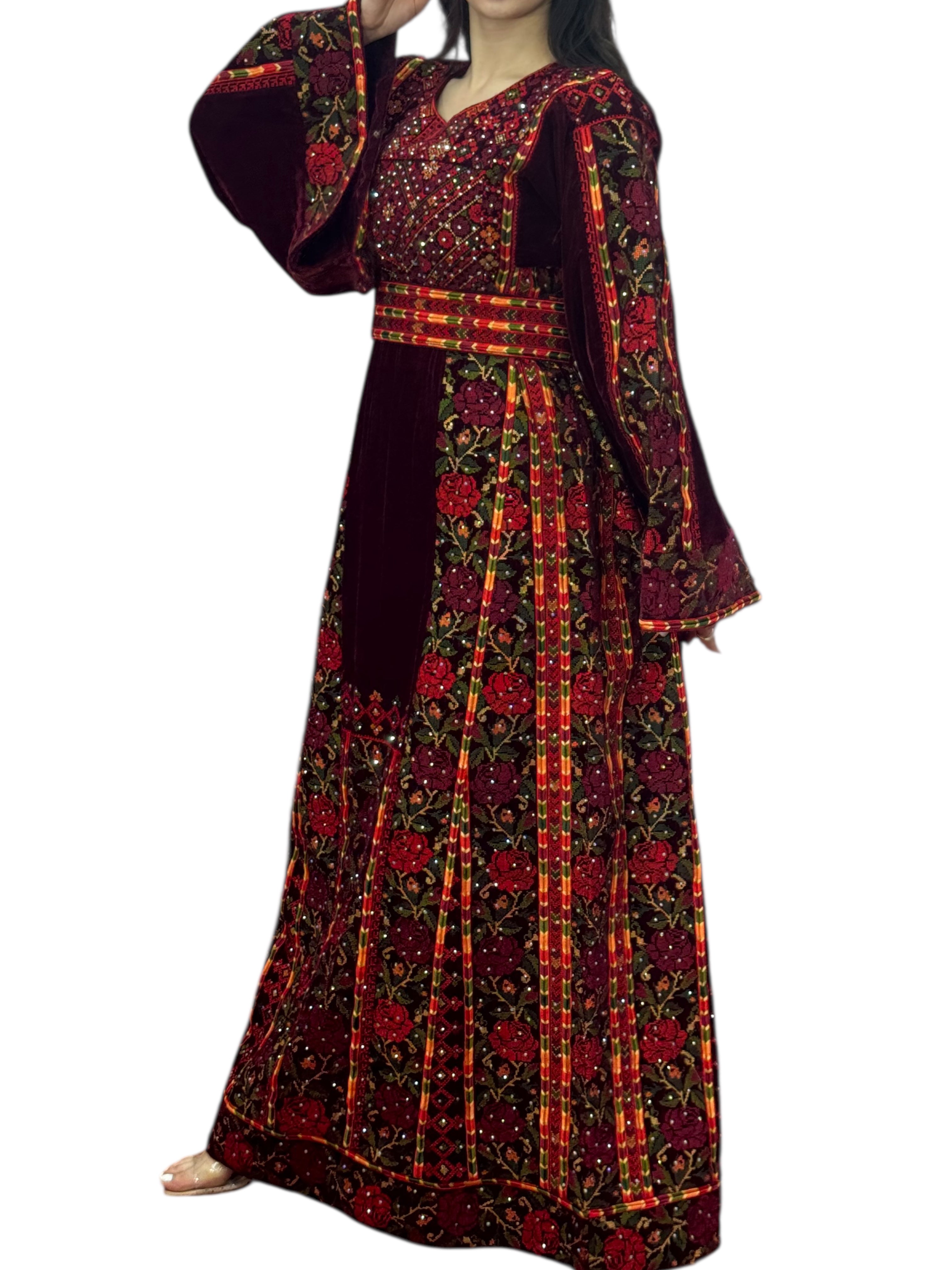 Maroon Velvet Embroidery Stone Thoub