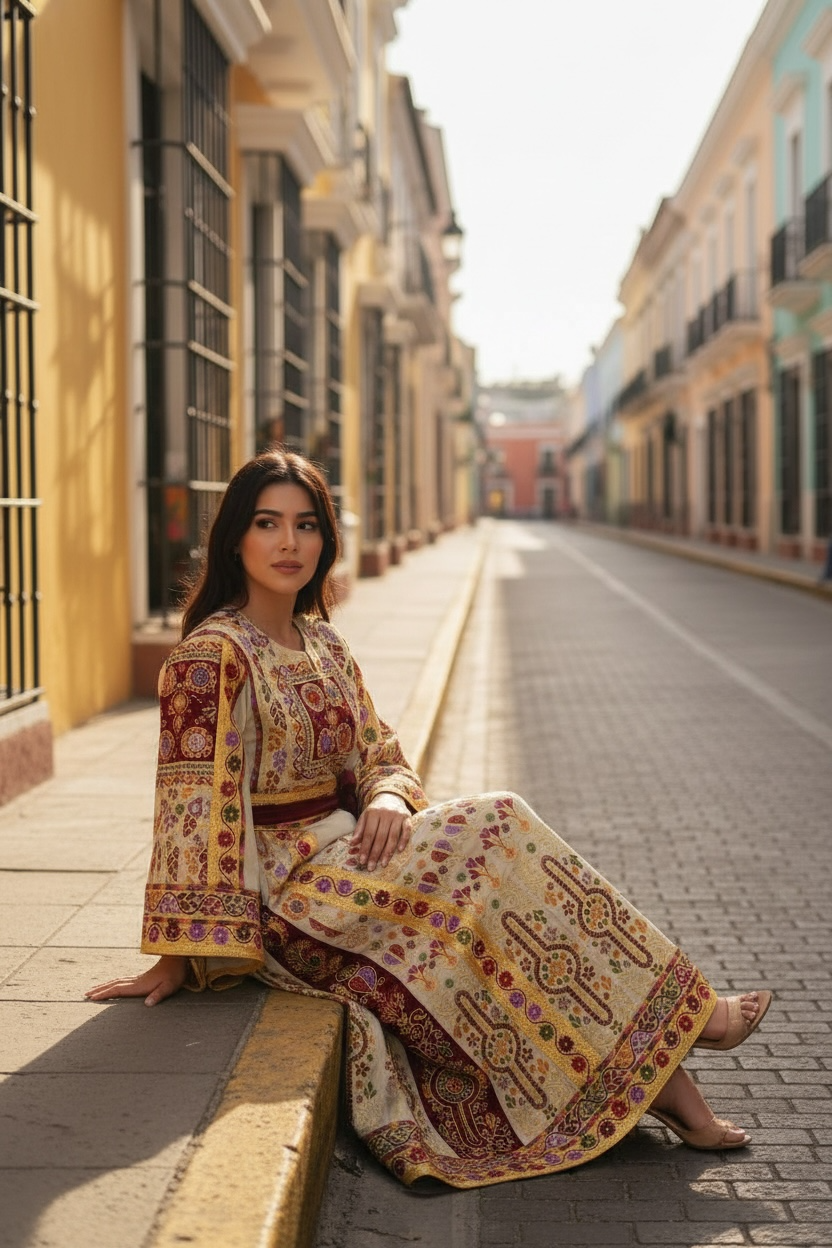 Baharej Thoub Luxury Embellishments Beige Shade Embroidered Palestinian Thobe