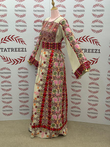 Beige & Maroon Thobe with Geometric Floral Embroidery