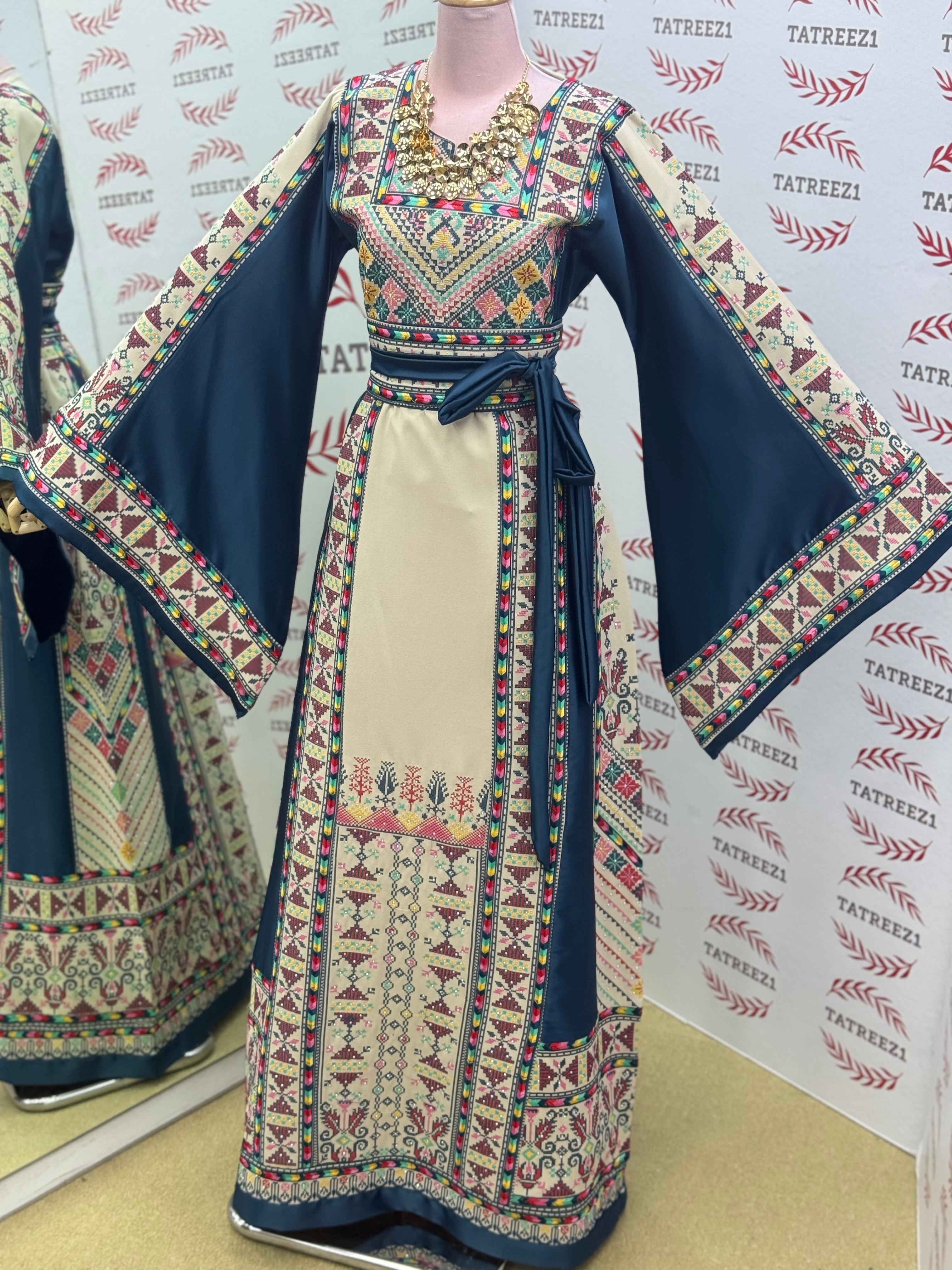 Beige Color thoub Blue Embroidered Palestinian Fellahi Thobe With Belt