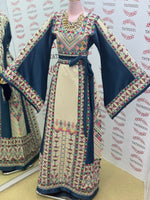 Load image into Gallery viewer, Beige Color thoub Blue Embroidered Palestinian Fellahi Thobe With Belt
