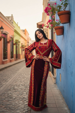 Charger l'image dans la galerie, Maroon Velvet embellished with intricate Qasab (metallic) embroidery.
