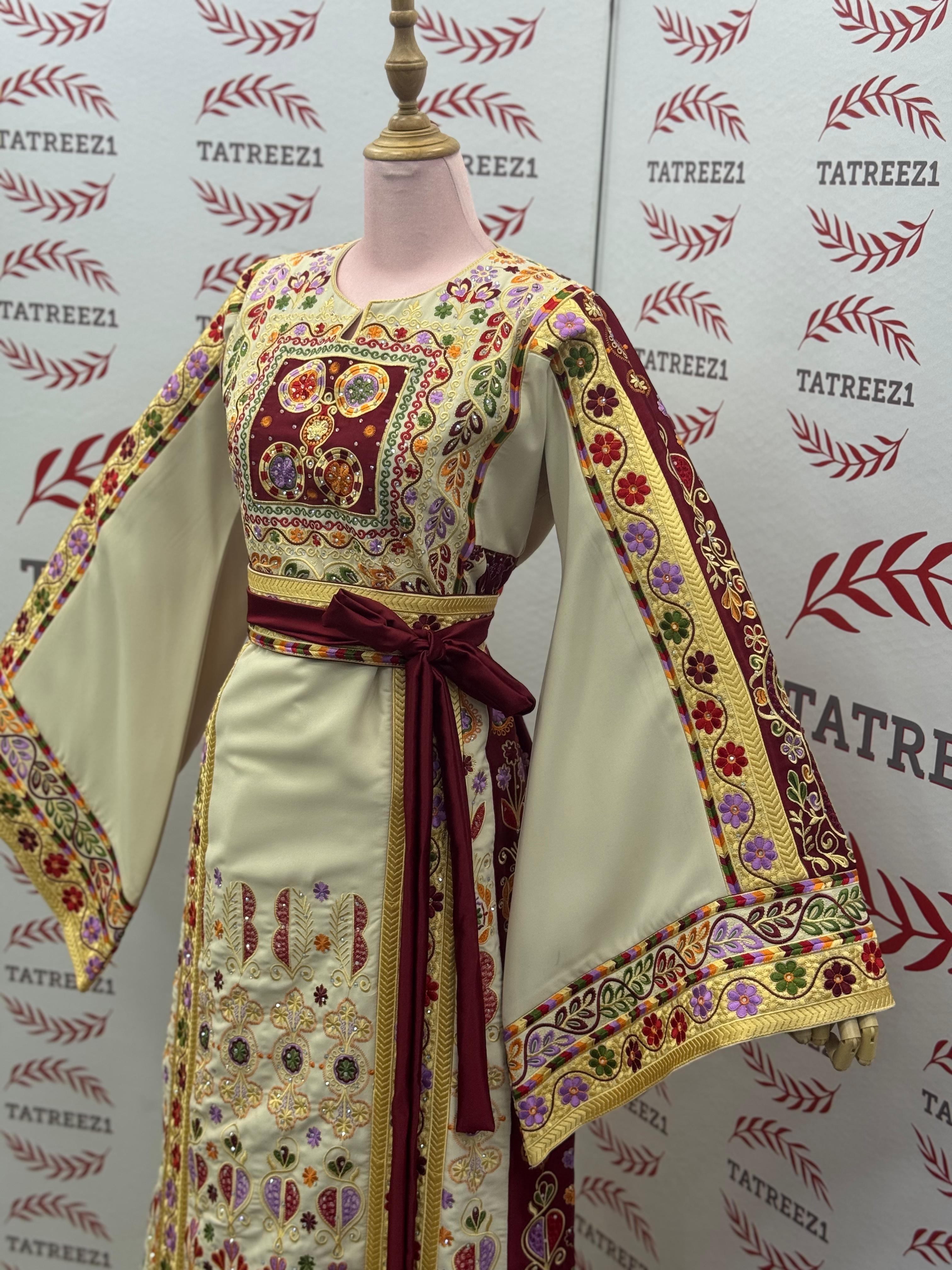 Baharej Thoub Luxury Embellishments  Beige Shade Embroidered Palestinian Thobe