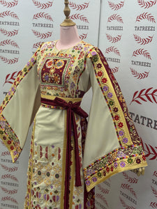 Baharej Thoub Luxury Embellishments  Beige Shade Embroidered Palestinian Thobe