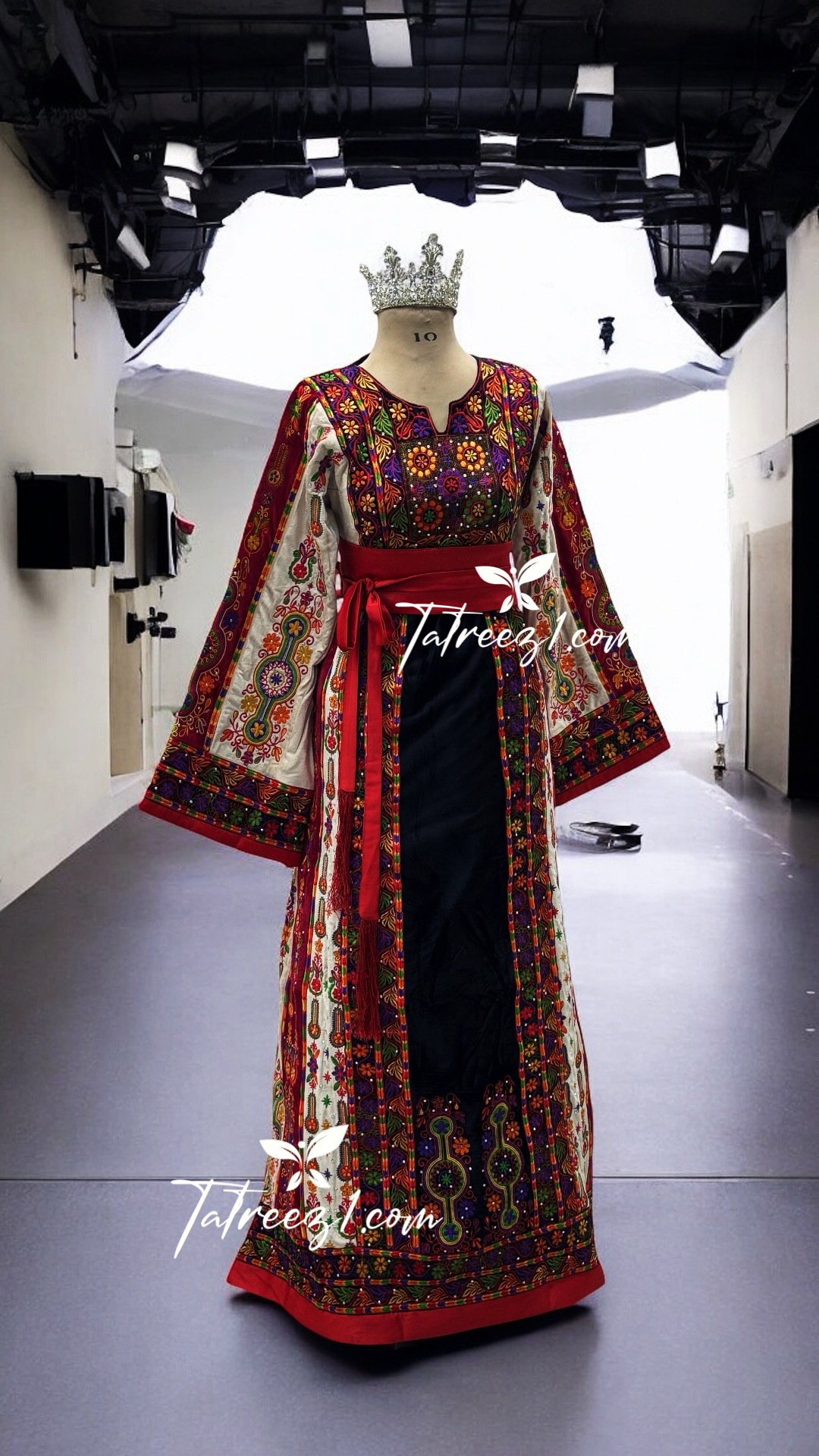 Malacca Black Velvet Thobe with Red Stone Embroidery, Matching Headpiece, and Reversible Belt