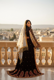 Qasab Maroon Malacca Silk Velvet Thoub with Embroidery and Overskirt