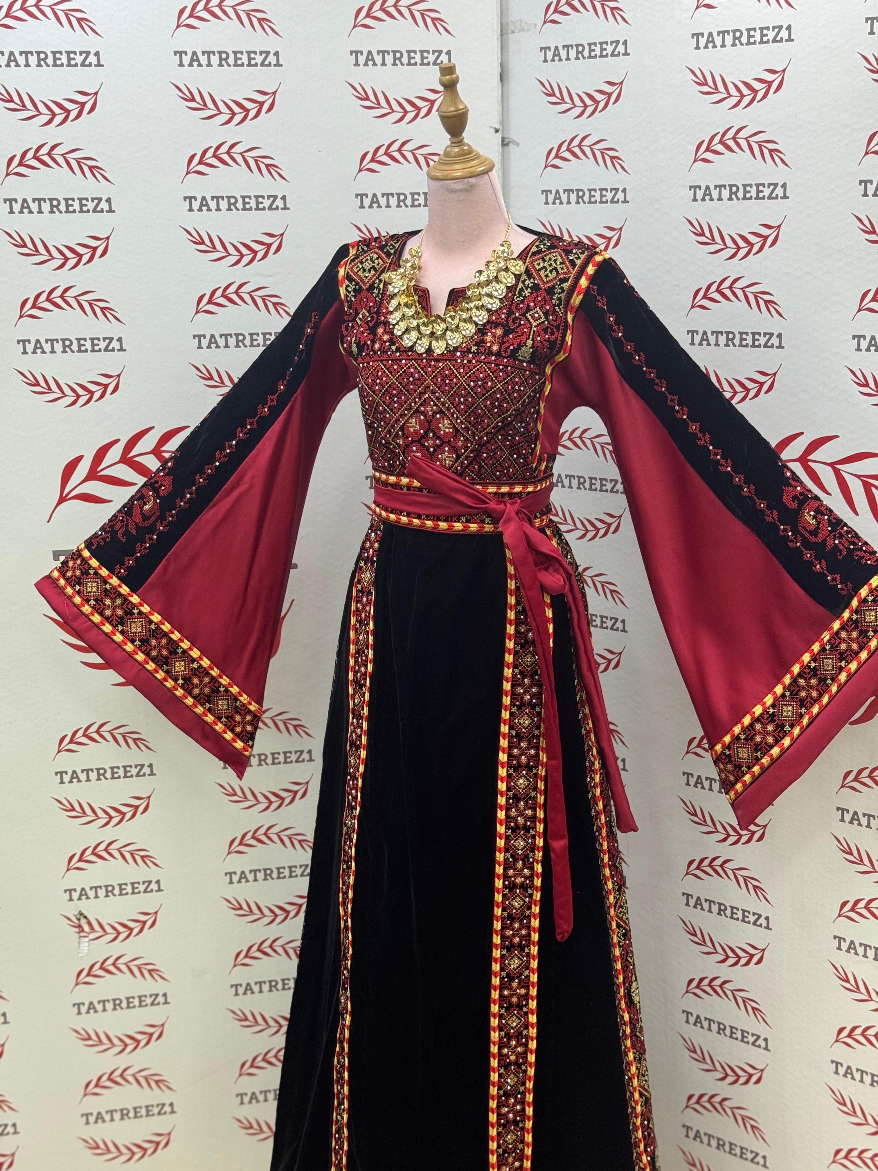 Velvet Simply Elegant Wide Sleeve Thoub Red Embroidered Palestinian Thobe