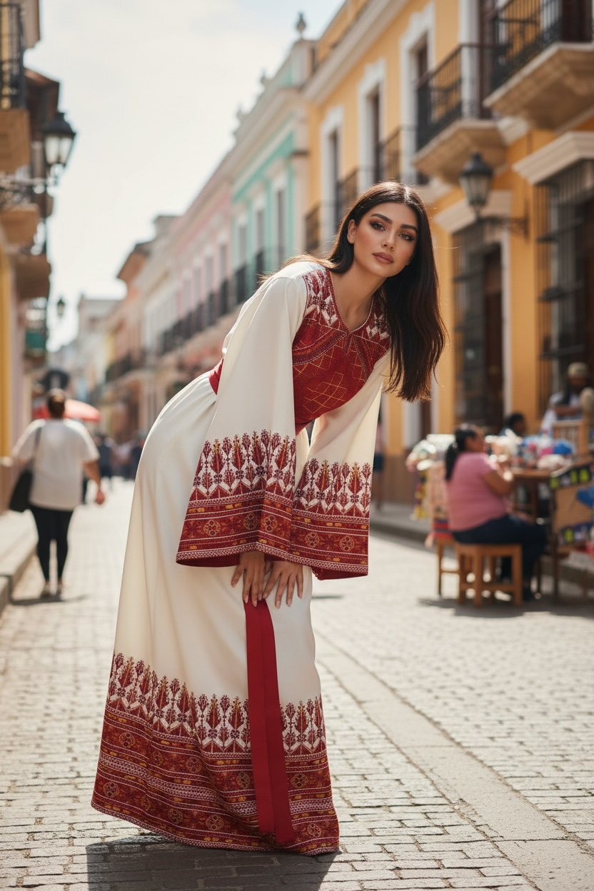 Stunning White Thoub Red Embroidered Palestinian Thobe