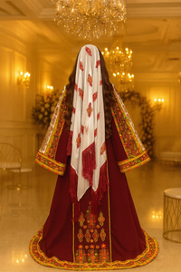 Burgundy Malacca Silk Thoub with Stone Embroidery and Overskirt