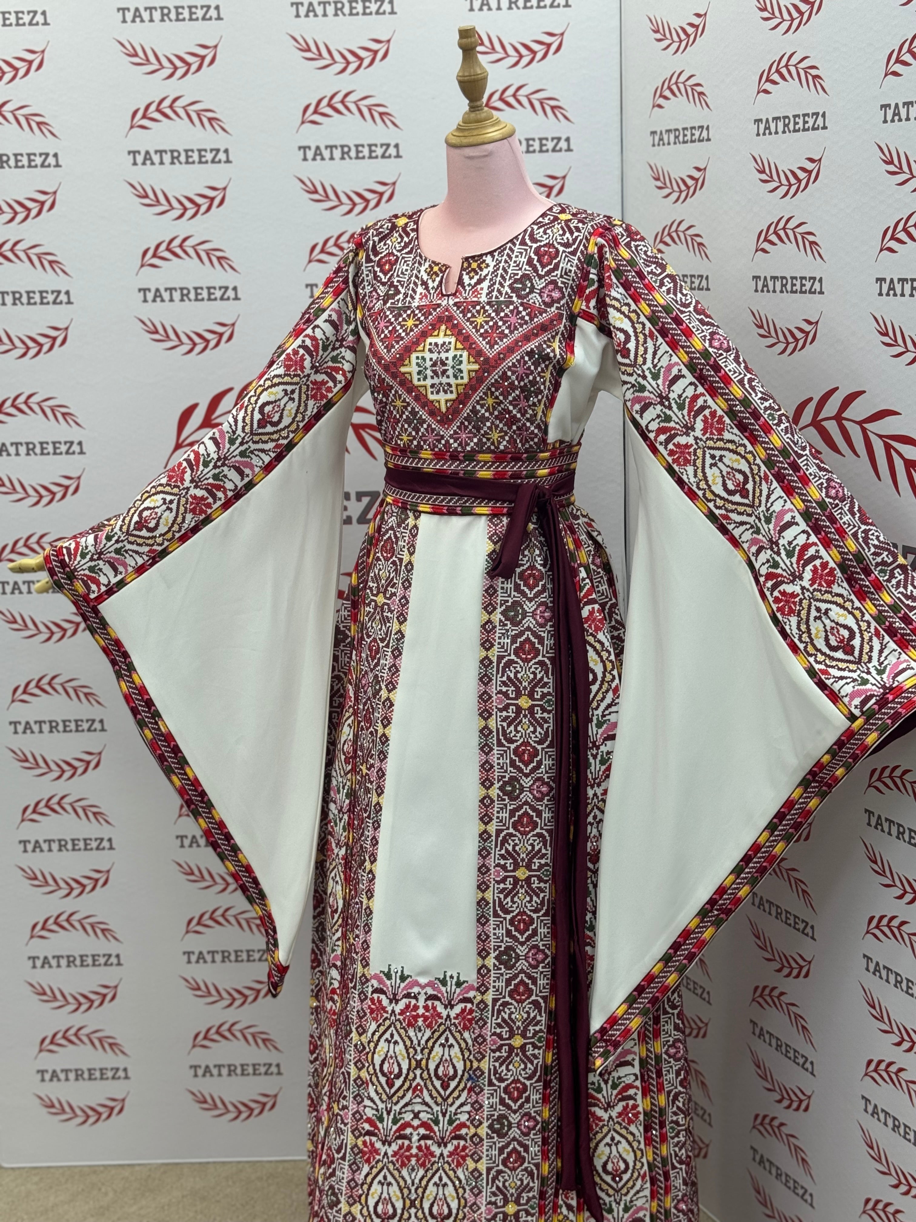 White Traditional Palestinian Thobe – Burgundy & Gold Elegance Embroidery