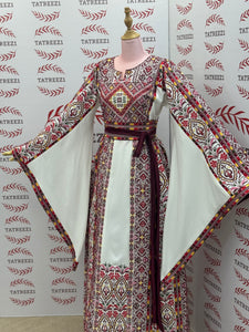 White Traditional Palestinian Thobe – Burgundy & Gold Elegance Embroidery