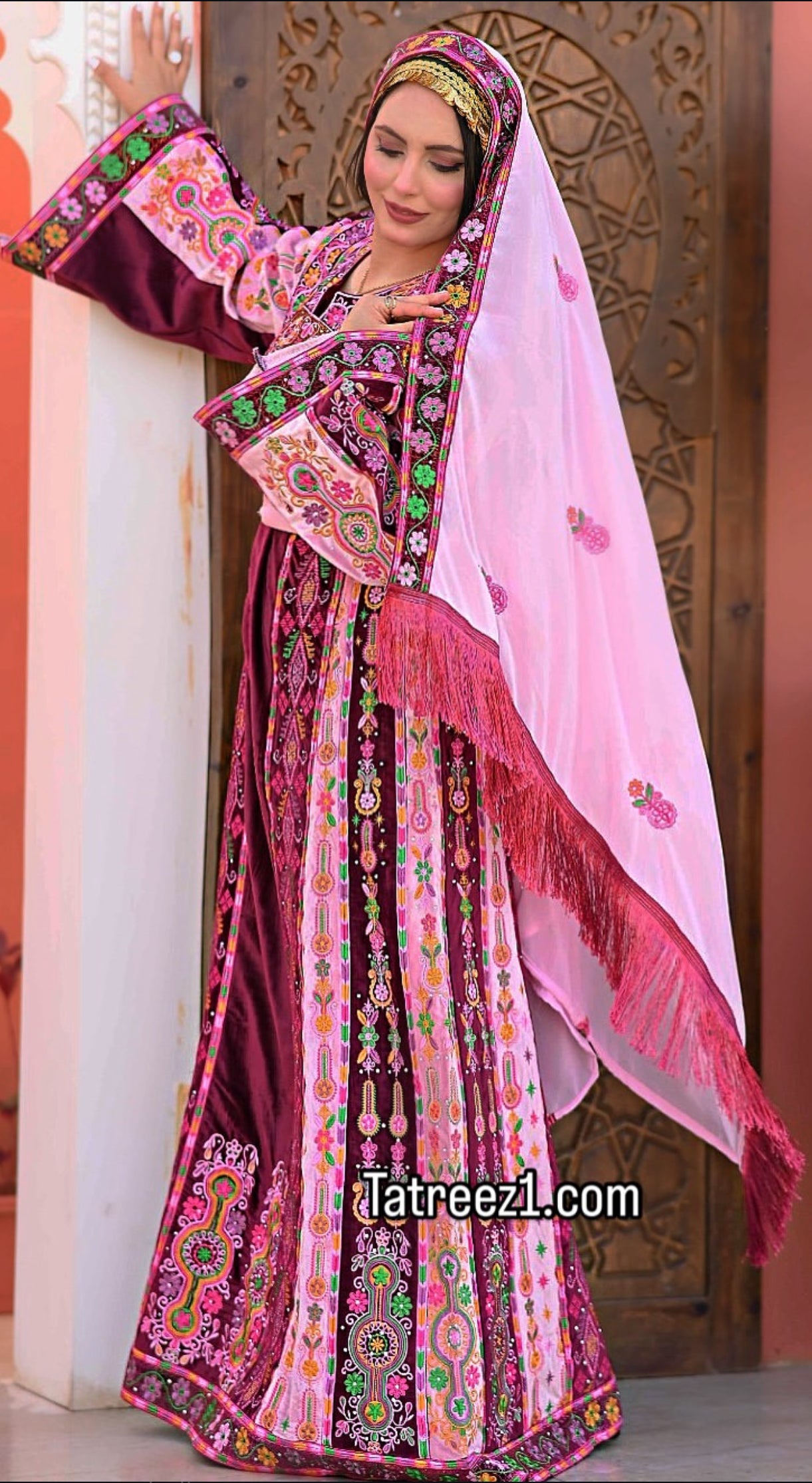 Magenta Malacca Velvet Material Stone Embroidery Thoub With Matching Headpiece and reversible belt