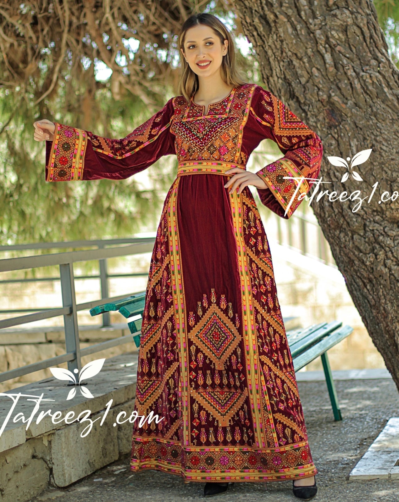 Light Velvet Light Red Shade Stoned Embroidery Thoub