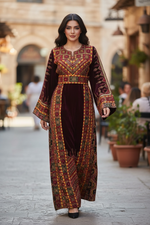 Load image into Gallery viewer, Maroon Velvet Palastine Thoub &amp; Matching Headpiece
