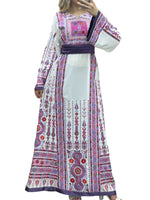 Load image into Gallery viewer, White &amp; Purple Embroidered Palestinian Thobe With Reversible Belt
