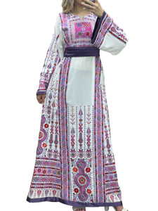 White & Purple Embroidered Palestinian Thobe With Reversible Belt