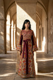Red Fully Embroidered  Thoub Dress with Reversible Belt