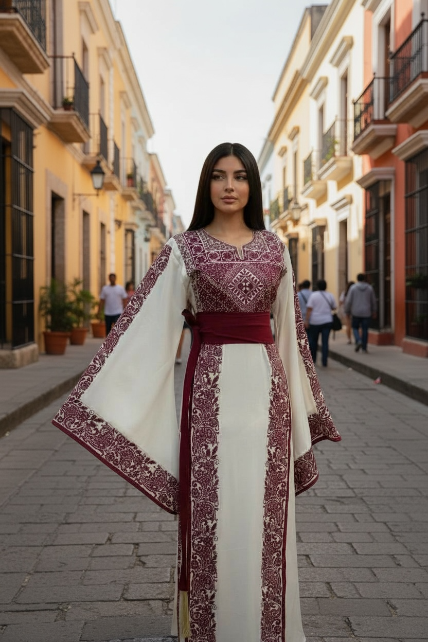 Wide Sleeve Thoub Red Embroidered Palestinian Thobe With Satin Belt