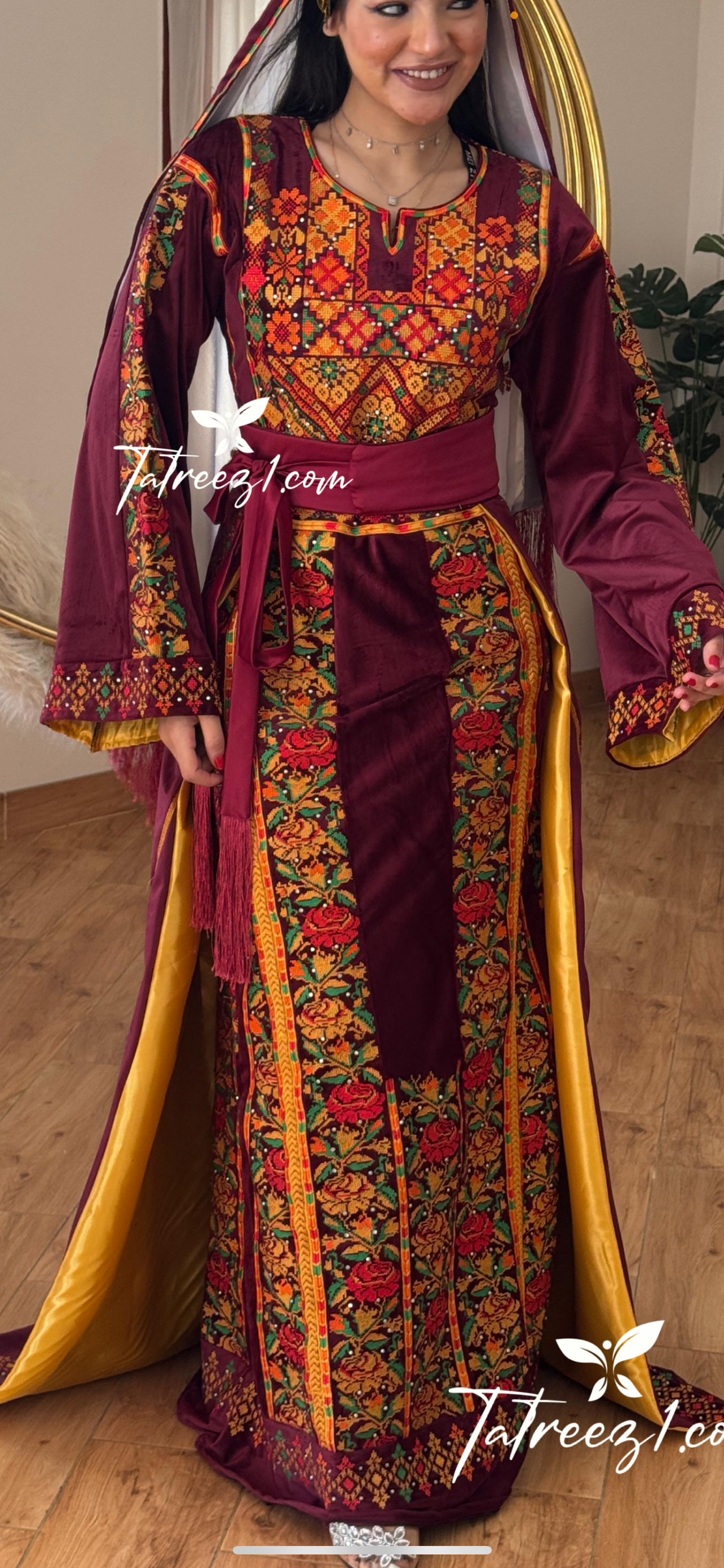 Maroon Malacca Silk Velvet Thoub with Stone Embroidery and Overskirt