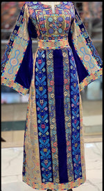 Load image into Gallery viewer, Blue German velvet Multicolored Gorgeous Palstainen Embroidery Traditional Long Thoub
