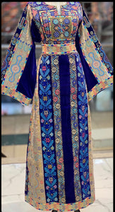 Blue German velvet Multicolored Gorgeous Palstainen Embroidery Traditional Long Thoub
