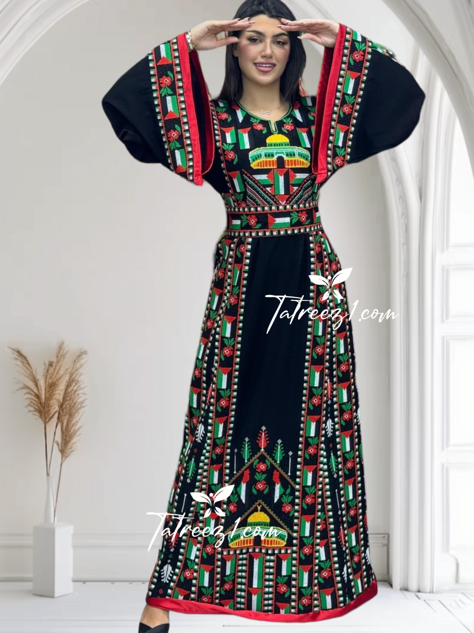 Palestine Flage Embroidery Black Traditional Thoub  Stone Thobe with Matching Belt