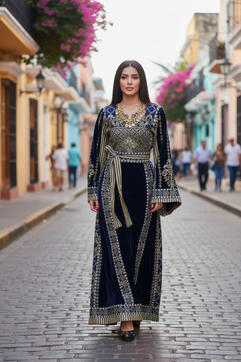 Velvet Simply Elegant Wide Sleeve Thoub Blue Embroidered Palestinian Thobe