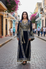 Load image into Gallery viewer, Velvet Simply Elegant Wide Sleeve Thoub Blue Embroidered Palestinian Thobe
