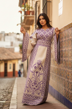 Load image into Gallery viewer, Absolutely Stunning Purple Embroidered Palestinian Fellahi Thobe With Matching Headpiece
