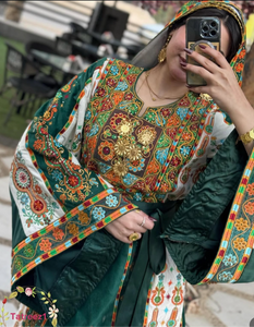 Malacca Velvet Material Green Stone Embroidery Thoub With Matching Headpiece