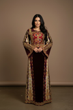 Qasab Maroon Malacca Silk Velvet Thoub with Embroidery and Overskirt
