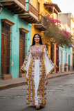 Floral Embroidered Palestinian Thobe with Wide Sleeves and Belt
