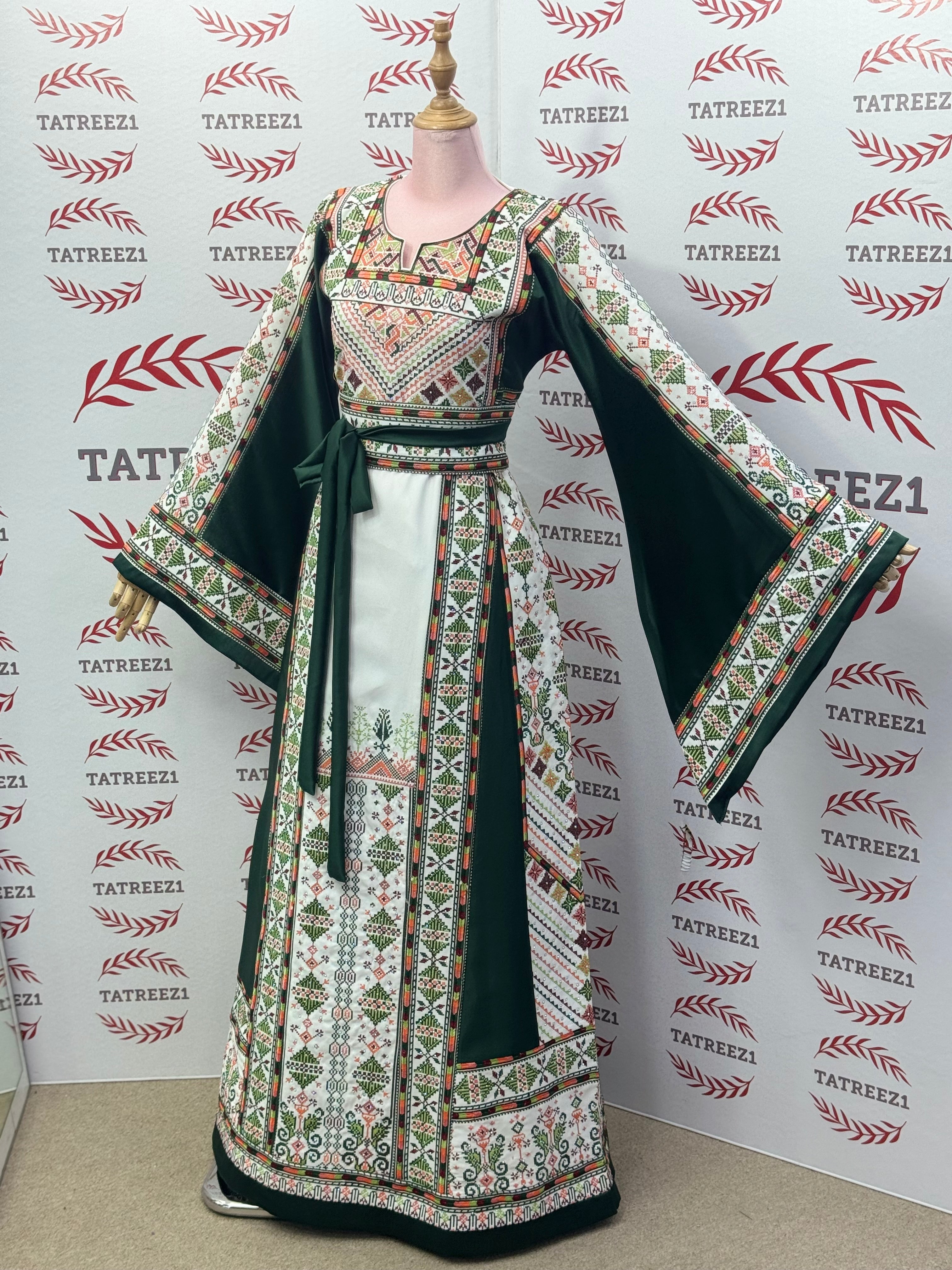 Green Embroidery Traditional Palestinian Thobe Machine Made