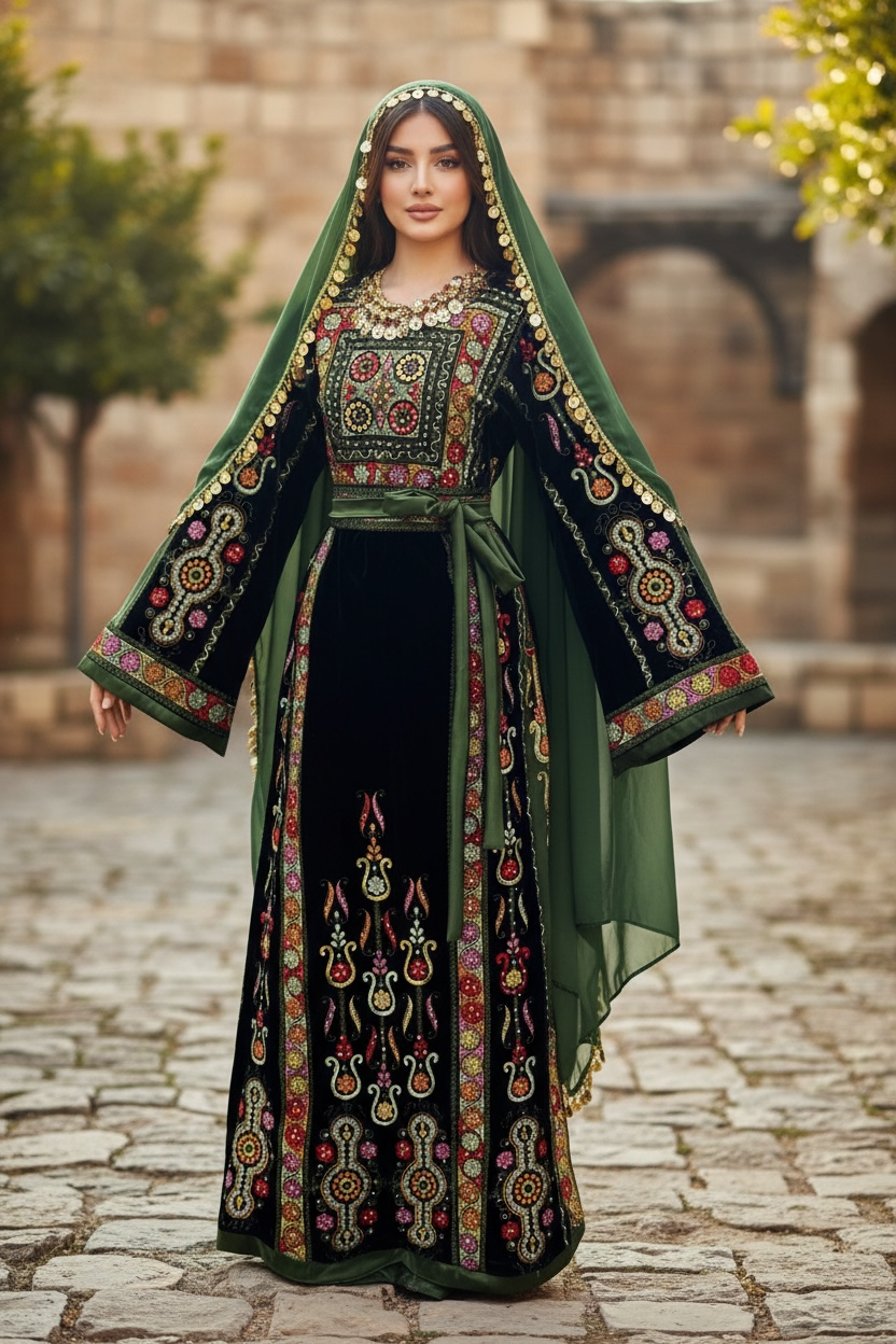 Midnight Velvet Malacca Embroidered Palestinian Fellahi Thobe