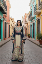 Load image into Gallery viewer, Beige Color thoub Blue Embroidered Palestinian Fellahi Thobe With Belt
