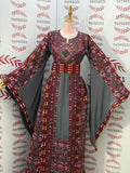 Gray Embroidered Palestinian Thobe with Matching Embroidered Belt