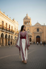 Load image into Gallery viewer, Wide Sleeve Thoub Red Embroidered Palestinian Thobe With Satin Belt
