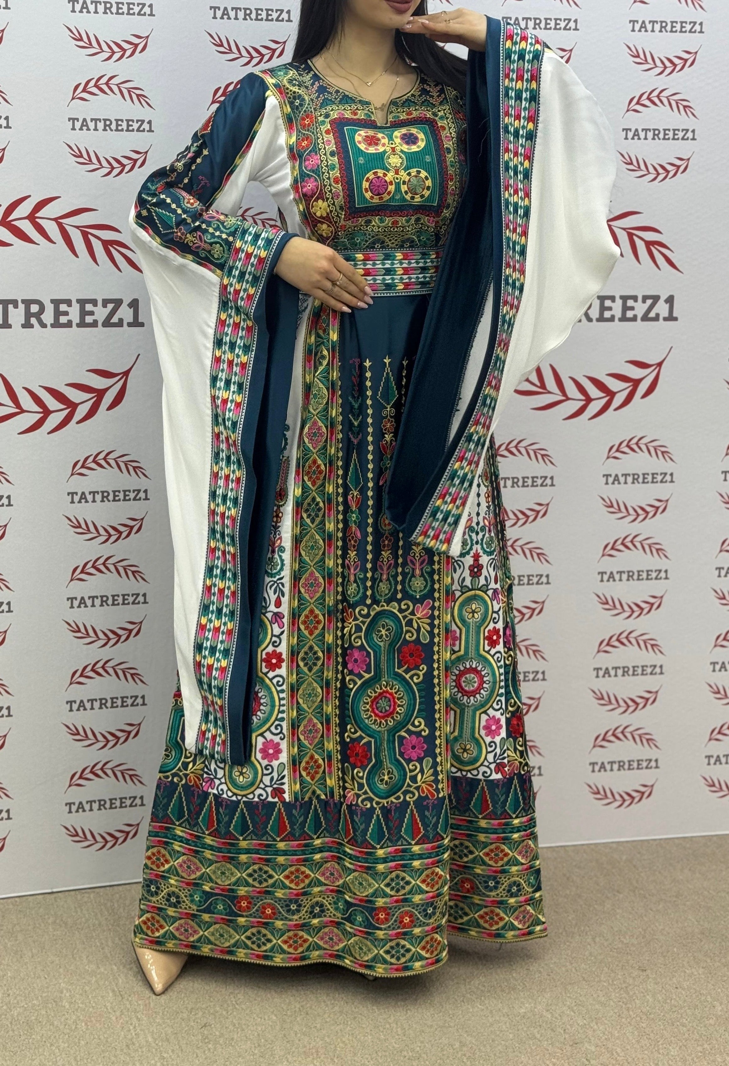 Green Embroidery Traditional Palestinian Thobe Machine Made