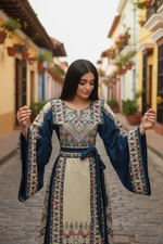 Load image into Gallery viewer, Beige Color thoub Blue Embroidered Palestinian Fellahi Thobe With Belt

