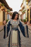 Beige thoub Blue Embroidered Palestinian Fellahi Thobe With Belt