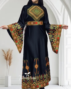 Green Tatreez Elegant Embroidered Dress Wide Sleeve